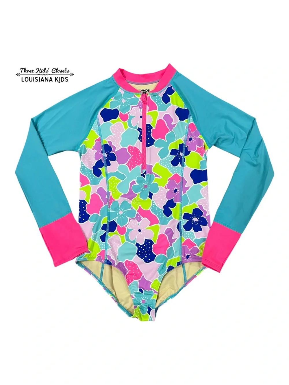 Lands' End 16Y Teal & Pink Floral Long-Sleeve Rash Guard Swimsuit